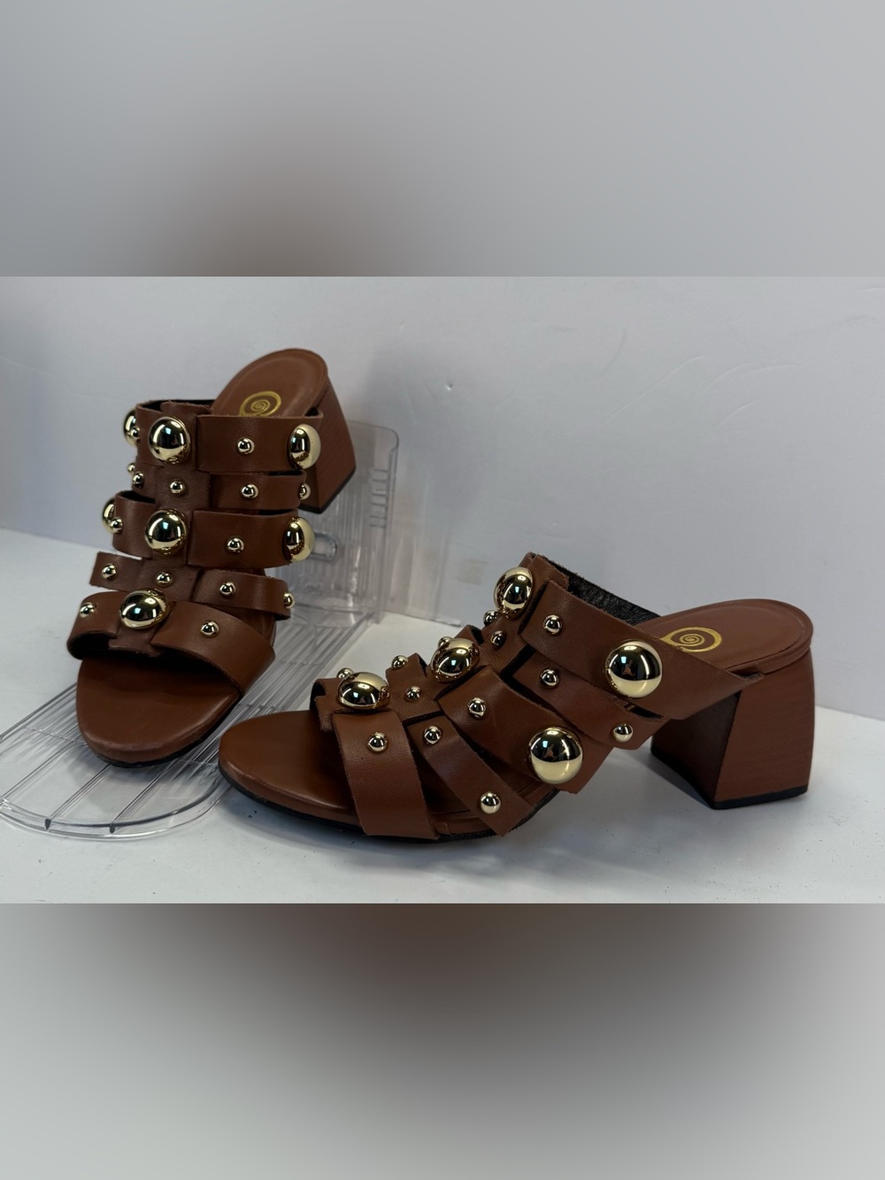Golo Women's Brown leather Studded Block Heel Mule with Gold Accents size 7.5